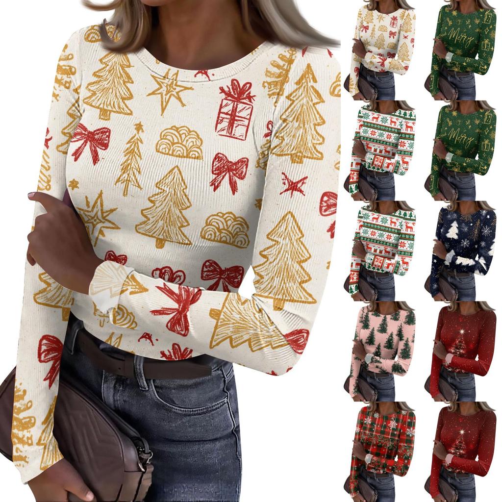 Women's Casual Christmas Print Long Sleeve Ribbed Knit Top with Round Neck