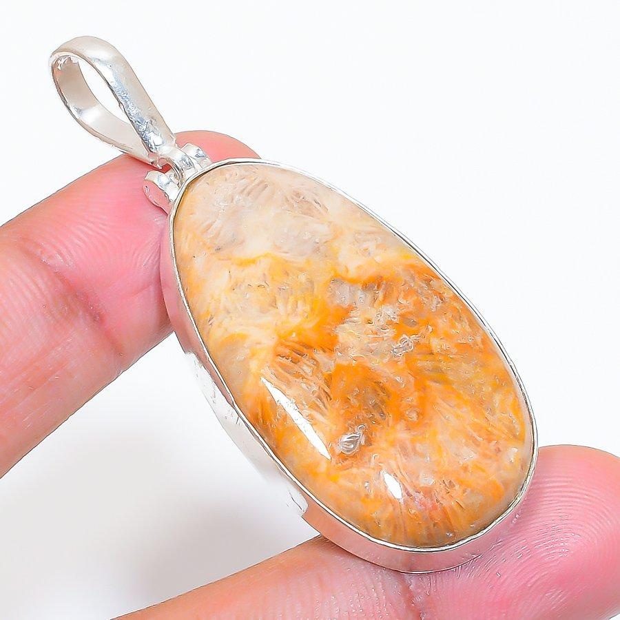 Natural Fossil Coral Gemstone 925 Sterling Silver Jewelry Pendant 2.36" ZS-736