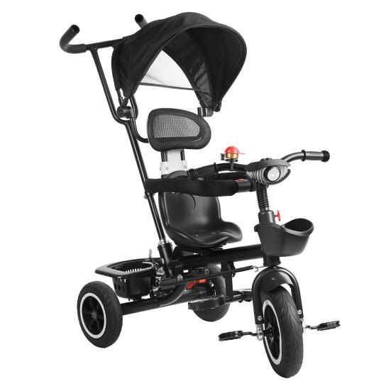 Toddler Tricycle Children Trike Kids with Adjustable Push Handle Removable Canopy Safety Harness Child Music Headlight Storage Basket,