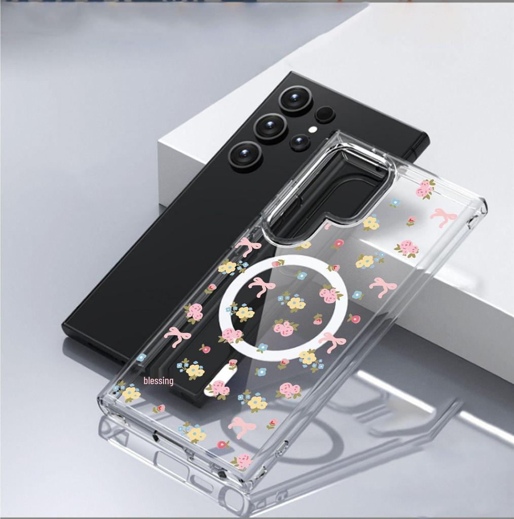Yellow Crushed Flower Magnetic Case for iPhone 14/15/16/17Pro Max - Transparent and Full Coverage