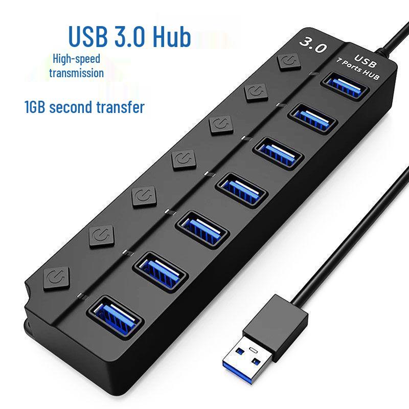 USB 3.0 Seven-Port Hub with Independent Switches and Power Supply for Desktop Computers