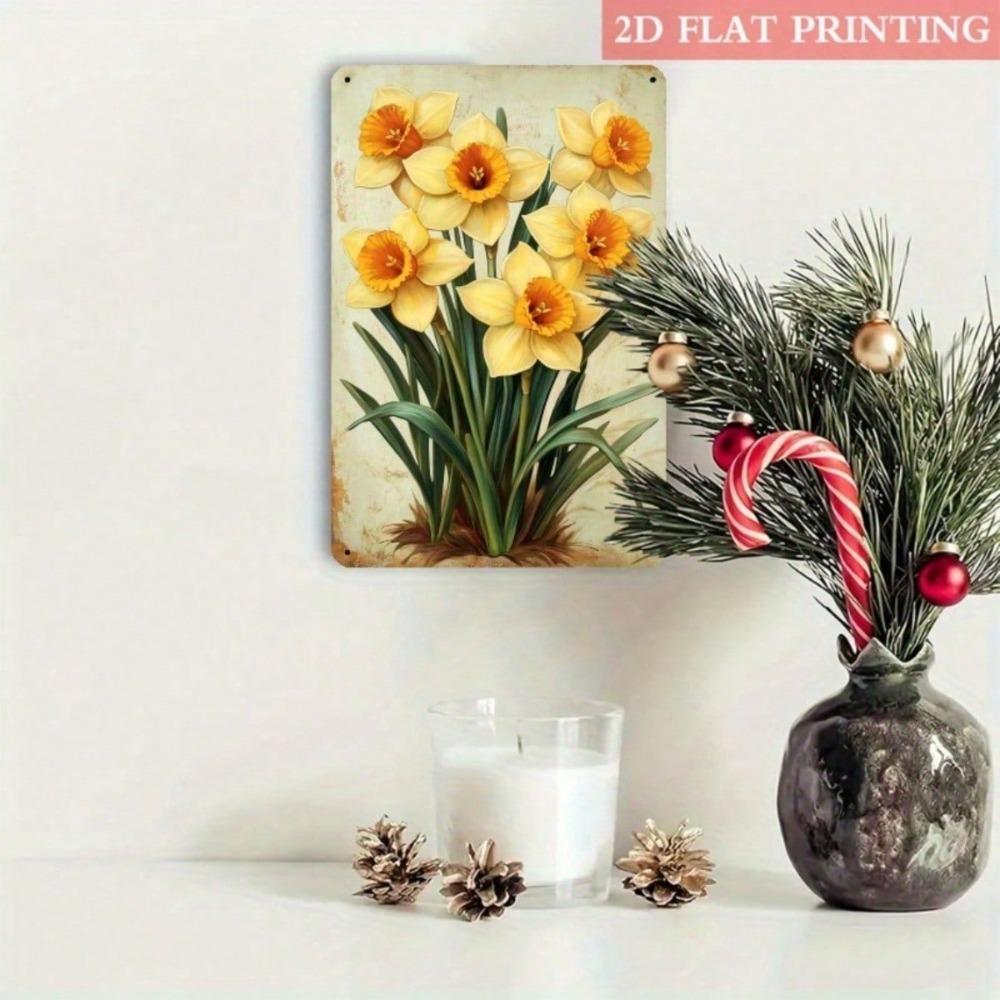 Vintage Yellow Daffodil Metal Sign, Flat Floral Wall Art with Green Leaves, Home Office Hallway Decor, 7.87x11