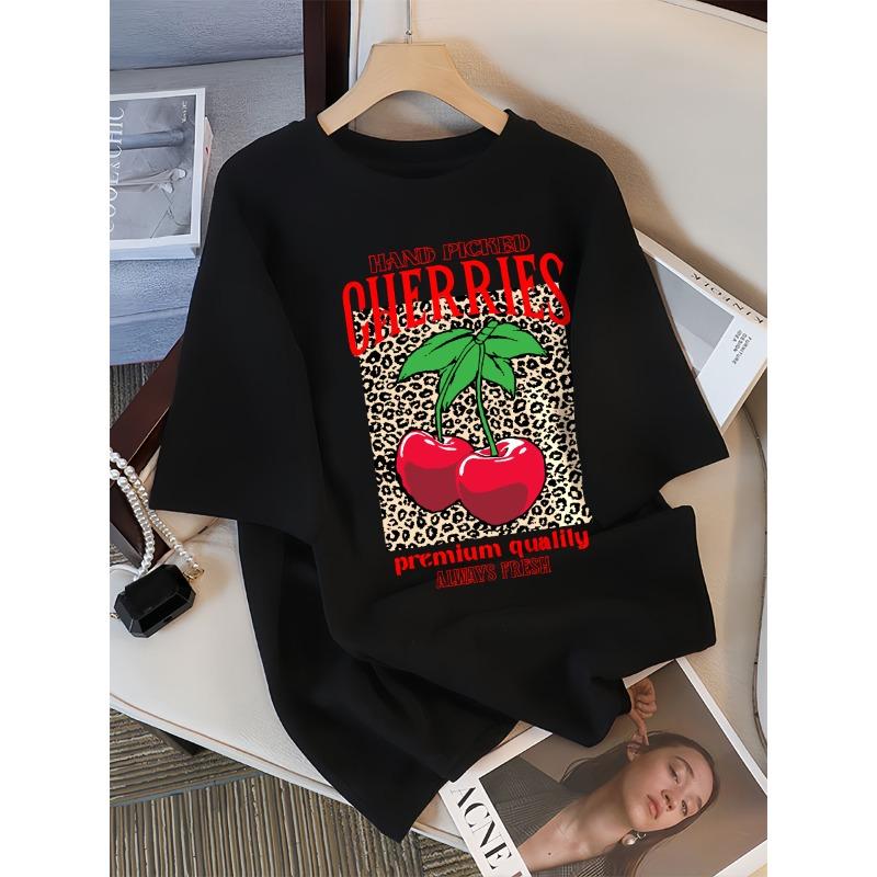 Handpicked Cherries Always Fresh Print T-Shirt Women's Casual Cotton Round-Neck T-Shirt Summer Loose-Fit Clothing
