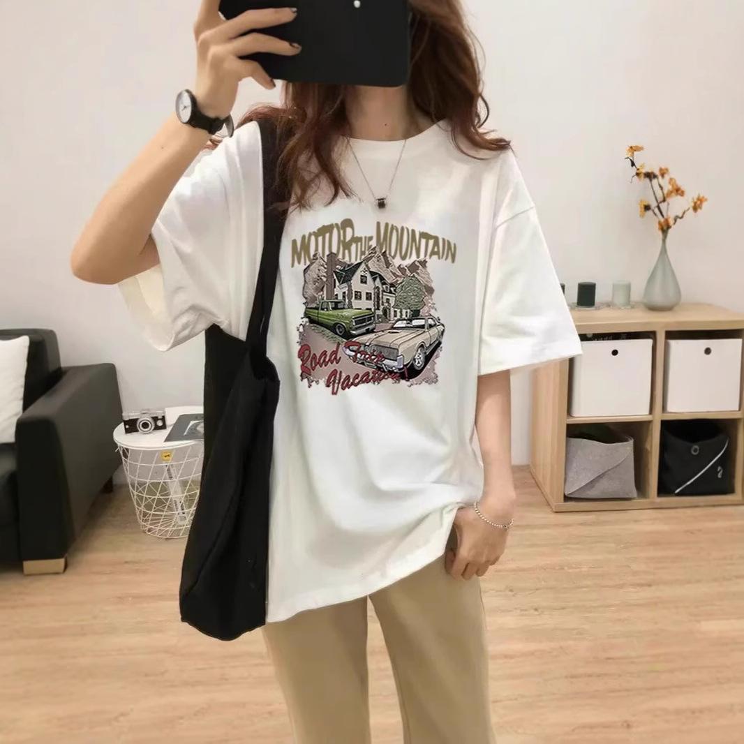 

2025 Summer Women s Plus Size Cartoon Print Cotton T-Shirt - Casual, Loose, Versatile Five-Sleeve Top Small білий