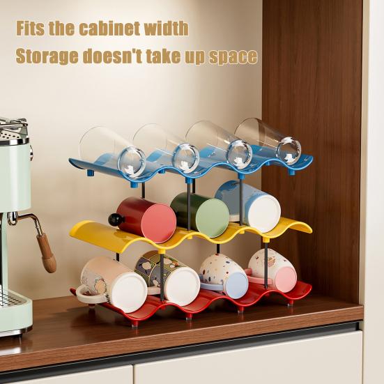 Yangyizhi Cup Storage Rack, Multi-Layer Stacking Organizer, with Wavy Slot Design, Space Saving Desktop Bar for Mugs Glasses Coffee Cups
