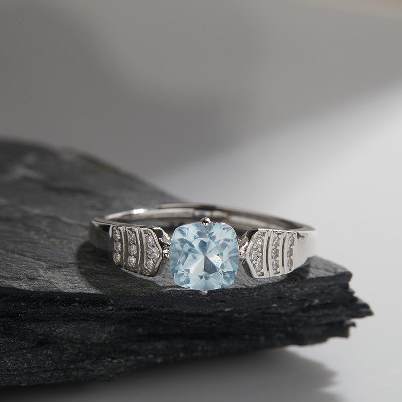 S925 Sterling Silver Natural Topaz Diopside Amethyst Color Treasure Ring Women'S Light Luxury Square Circle Ring French