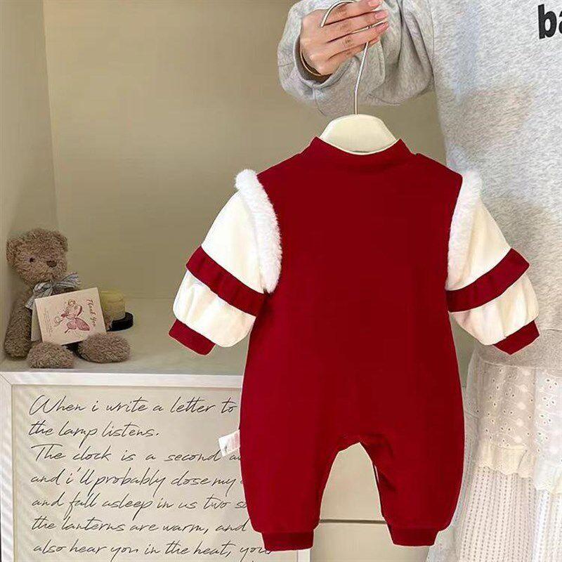 Mono Rojo para Bebé de Mes Completo con Forro de Forro Polar Ropa Otoño e Invierno Estilo Chino Romper para Bebé de Un Año Cien Días