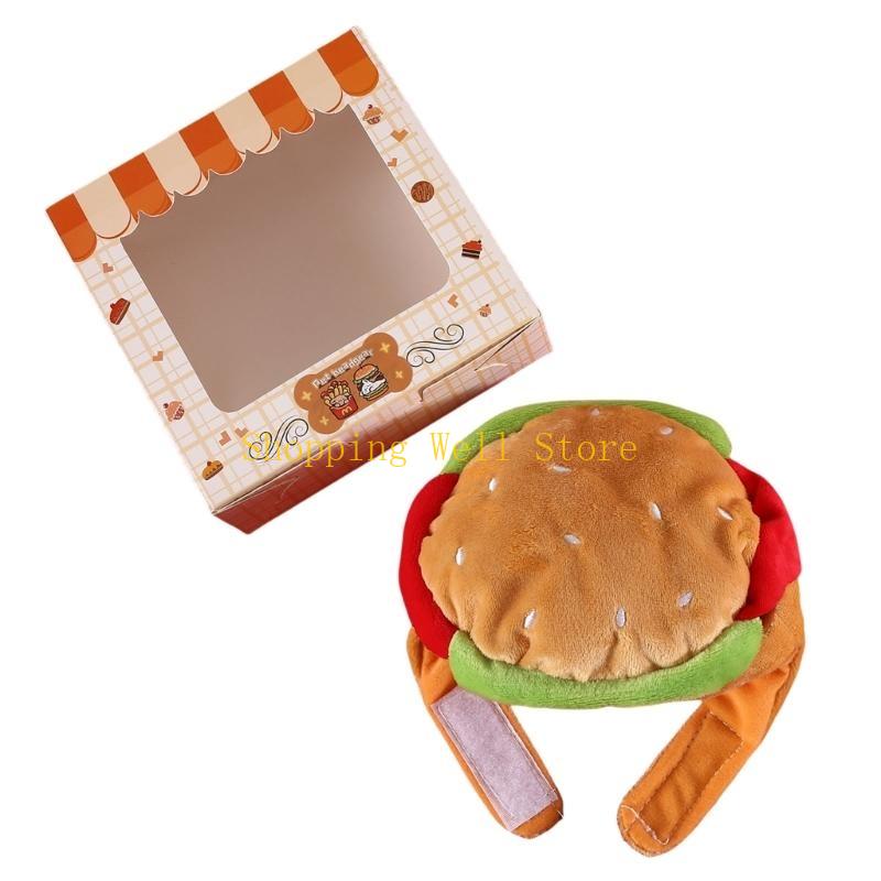 KX4B Plush Pet Hamburger Hat for Ear and Head Protections Halloweens Fun Dog Hat for Small Dogs Cats Warm Winter Headgear Hat