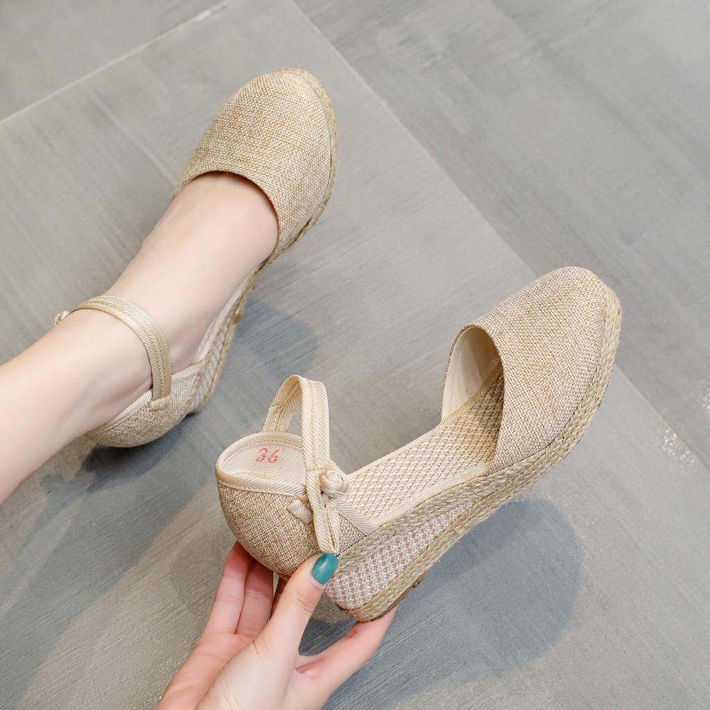 Womens Sandalias Wedges Comfortable Pointed Hemp Rope Weaving Casual Shoes