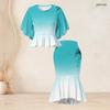 Women Plus Size Crew Neck Turquoise Gradient Palm Printed Batwing Sleeve Ruffle Hem Top Fishtail Skirt Two Piece Set