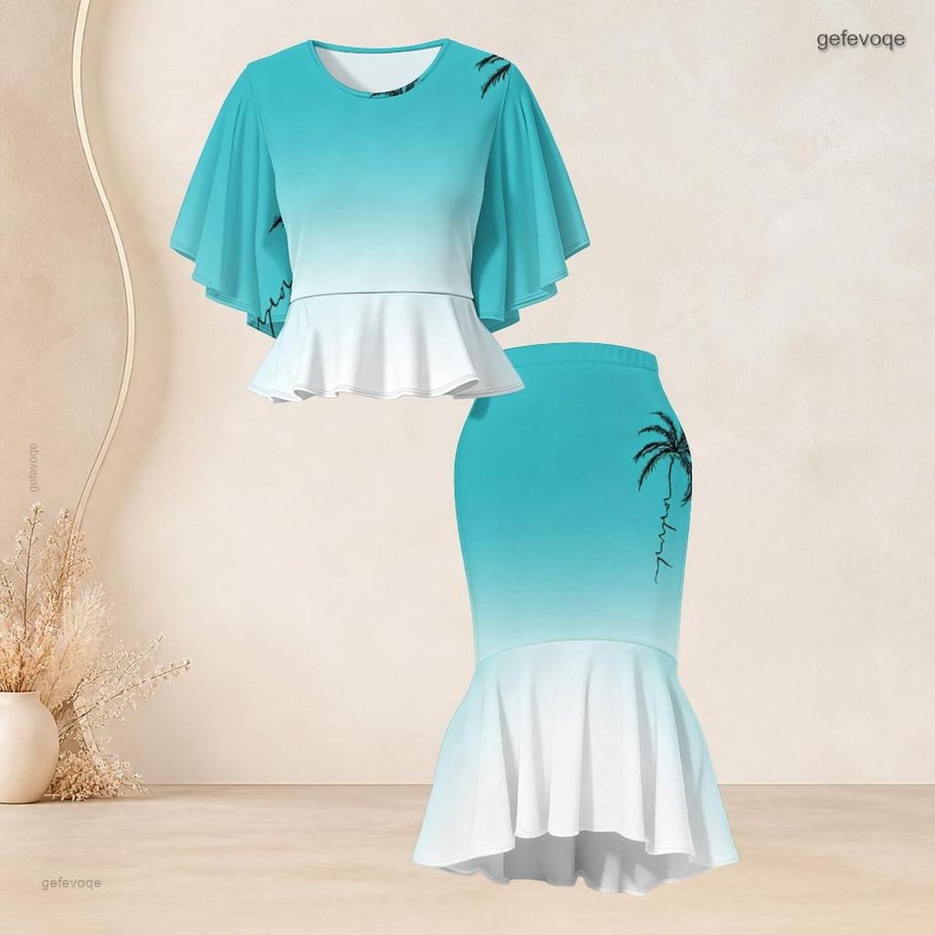 Women Plus Size Crew Neck Turquoise Gradient Palm Printed Batwing Sleeve Ruffle Hem Top Fishtail Skirt Two Piece Set