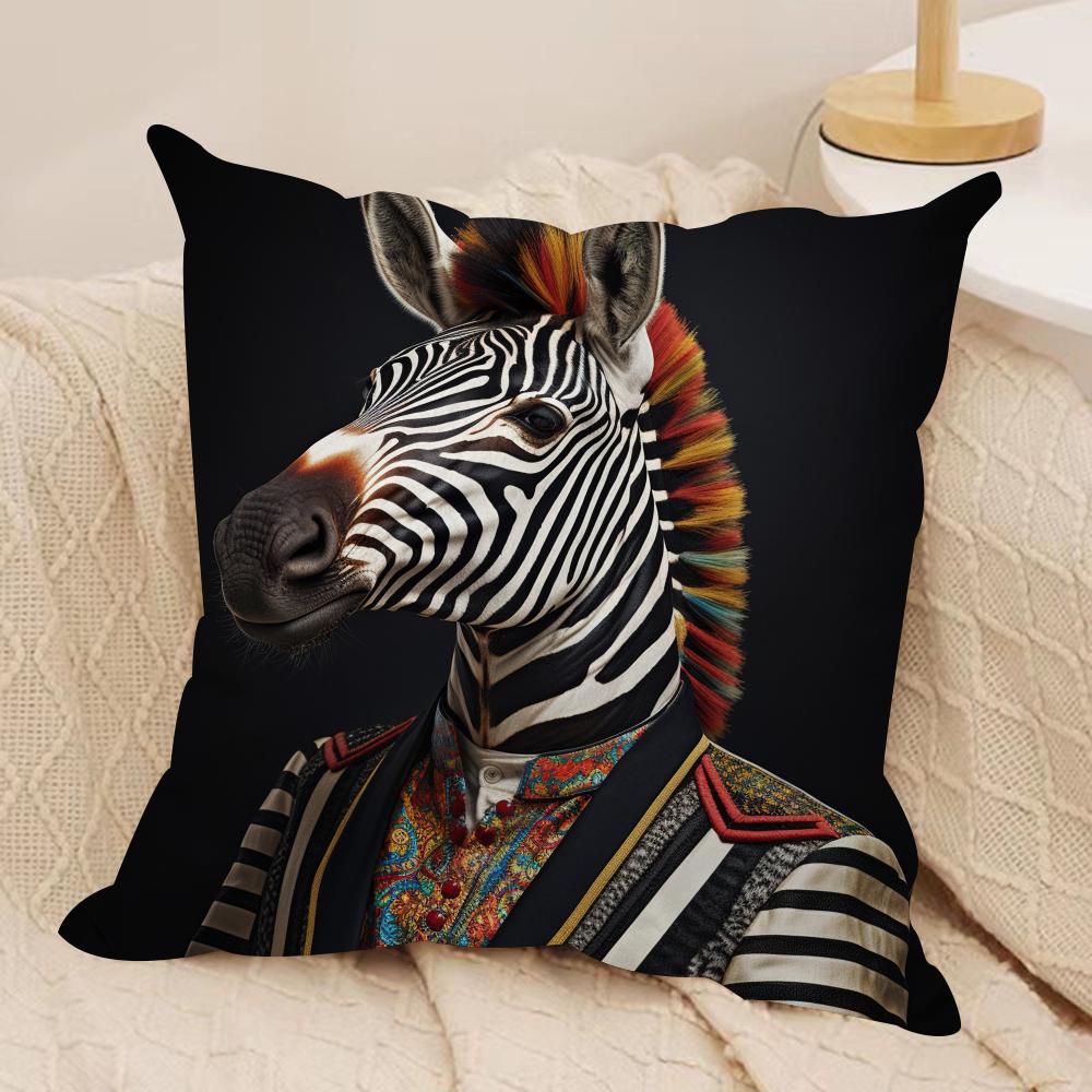 Zebra Dressed Up Portrait Cushion Cover Silky Short Plush Sofa Pillow Cover Hidden Zipper Soft Dustproof Case for Home Decor