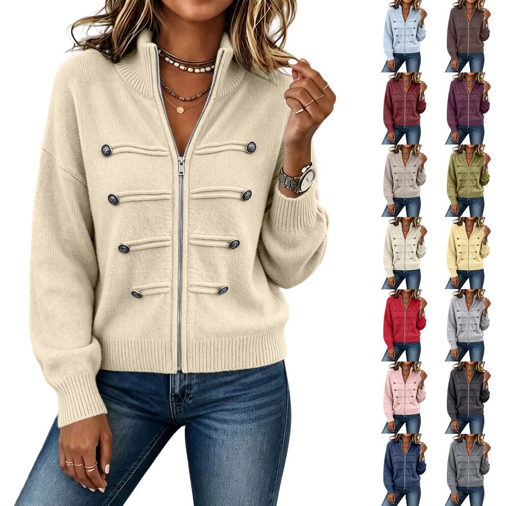 Women's Color Sweater Jacket with Stand Collar and Double Zipper for Casual Wear