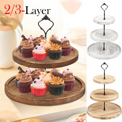 2/3patrový dřevěný kulatý etážový stojan na cupcaky, podnos na vystavení dortů, svačin a dezertů pro svatební hostinu, narozeninovou oslavu, dekorativní podnosy