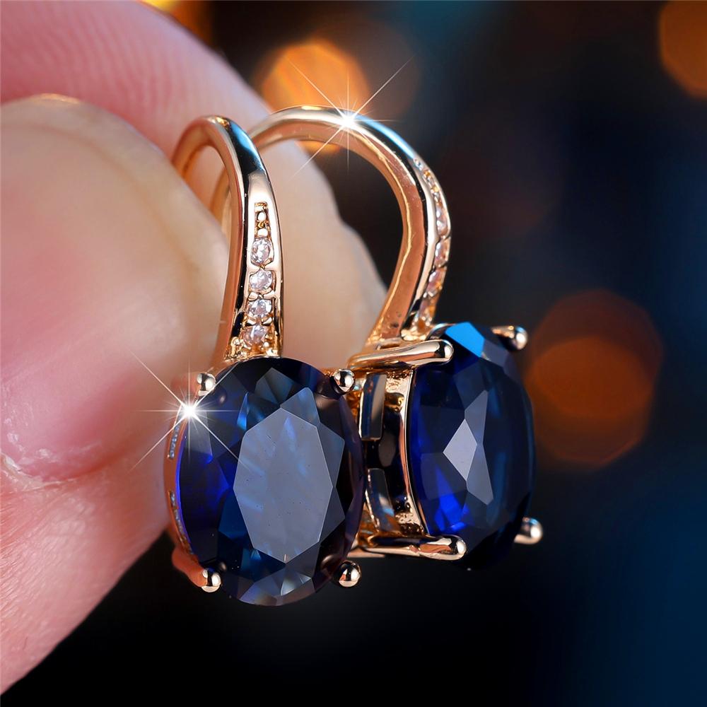 Trendy Crystal Blue Zircon Oval Stone Hoop Earrings For Women Vintage Gold Color Wedding