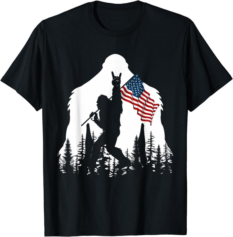 Bigfoot Rock On Hold American Flag Sasquatch Believers Unisex T-Shirt