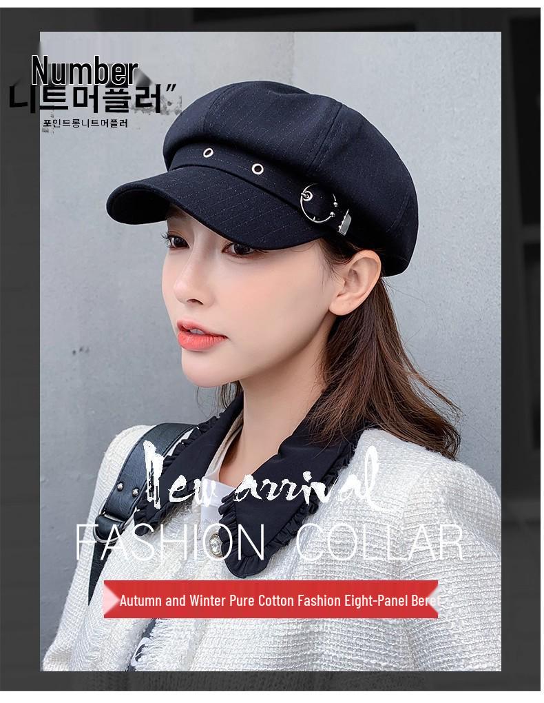 Damen-Barett im koreanischen Stil: Trendiger Retro Schwarzer Maler- und Schiebermützenhut für Herbst/Winter