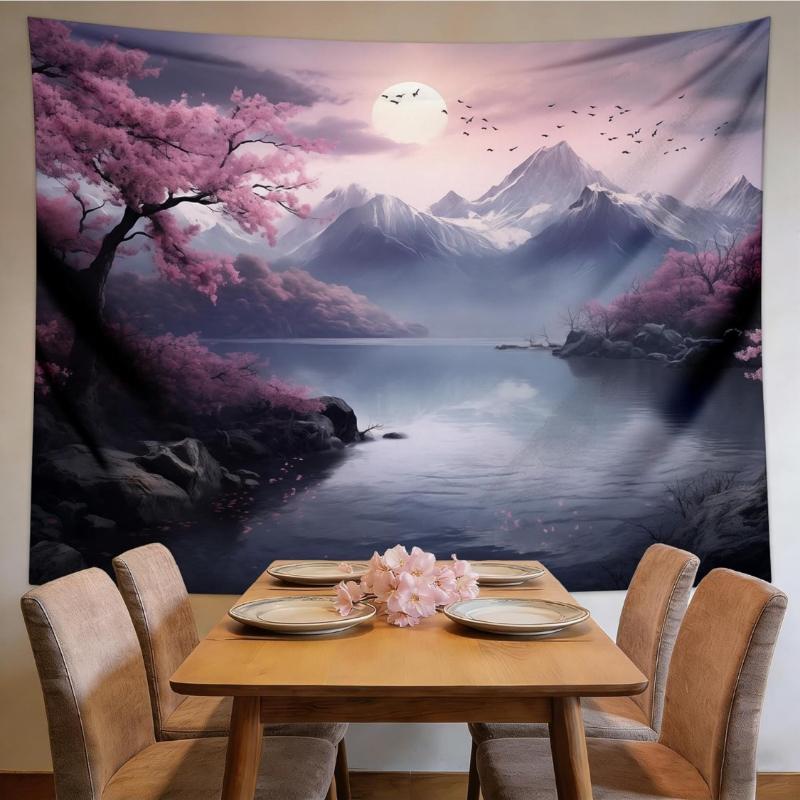 Japanese Cherry Blossom Tapestry Wall Hanging Asian Anime Nature Mountain Wall Art Calming Tapestries For Bedroom Living Room