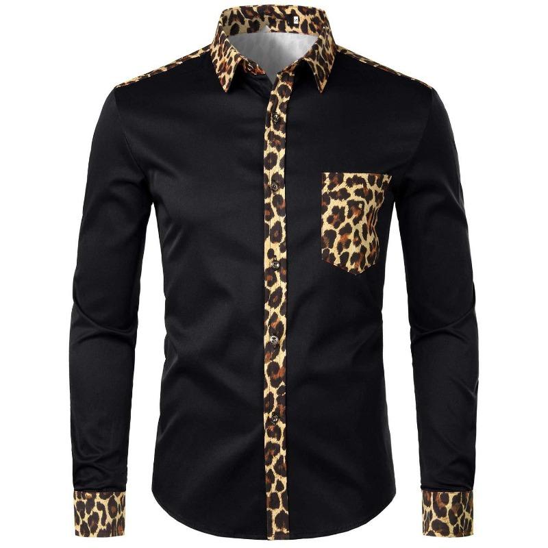 

Мужская черная рубашка с длинным рукавом, пэчворк с принтом леопарда, осенняя, повседневная S