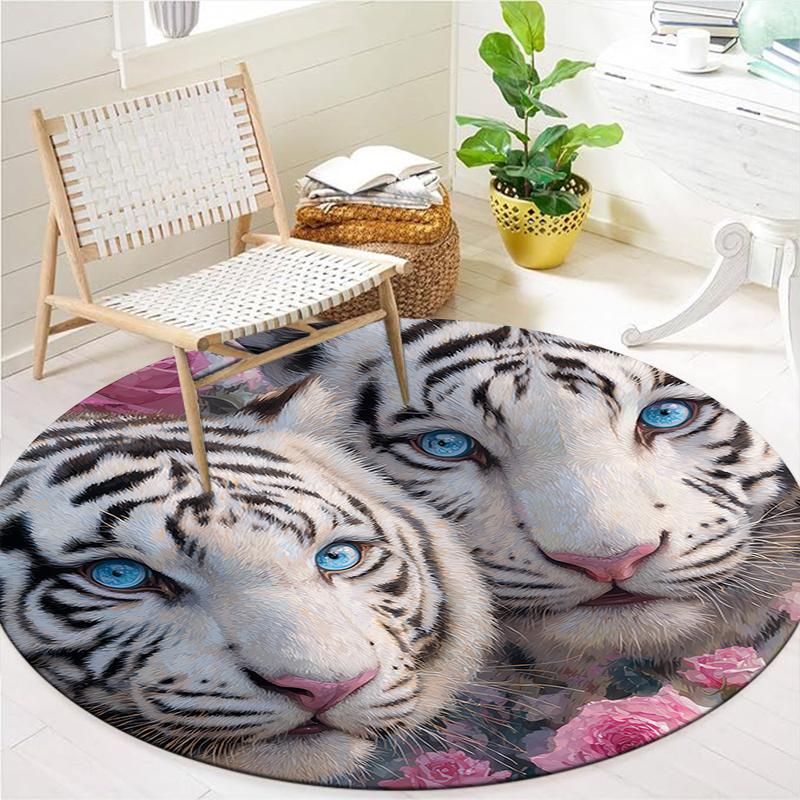 Roses and Tigers, Leopards Round Area Rug,Carpet Rug for Living Room Bedroom Sofa Playroom Decor,Non-slip Floor Mat