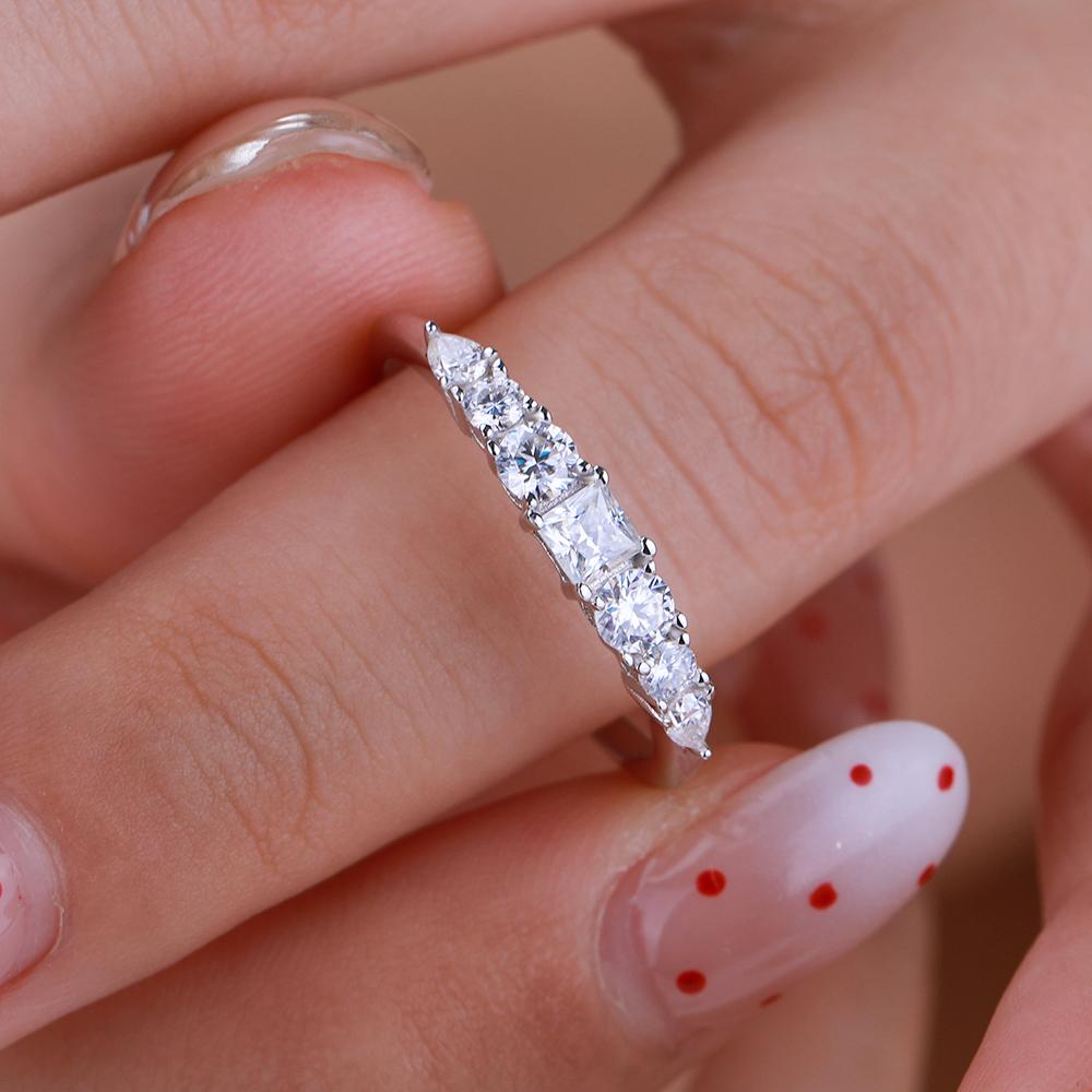 7 Stone All Moissanite Half Eternity Ring for Women   CopperStackable Bands Wedding Engagement Rings Fine Jewelry