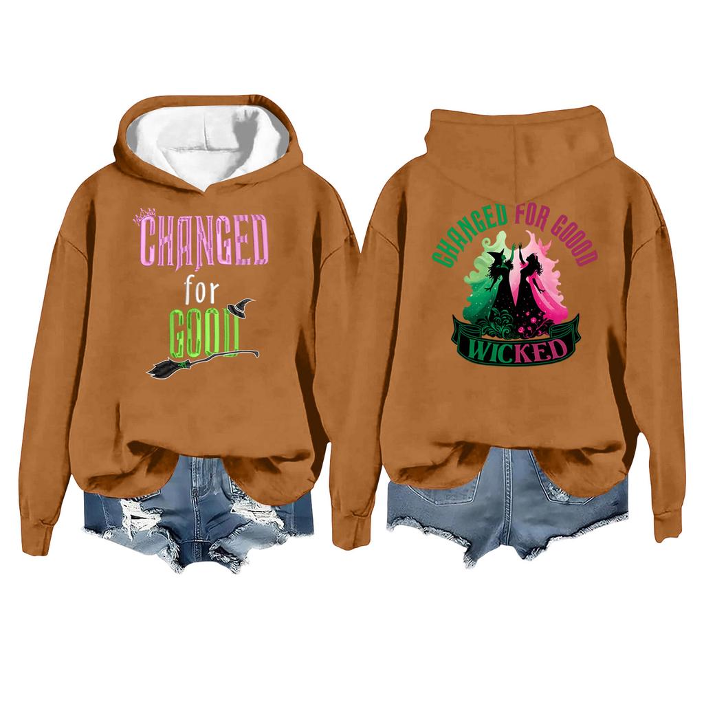 Women's Casual Long Sleeve Pullover Witch Print Hooded Sweatshirt