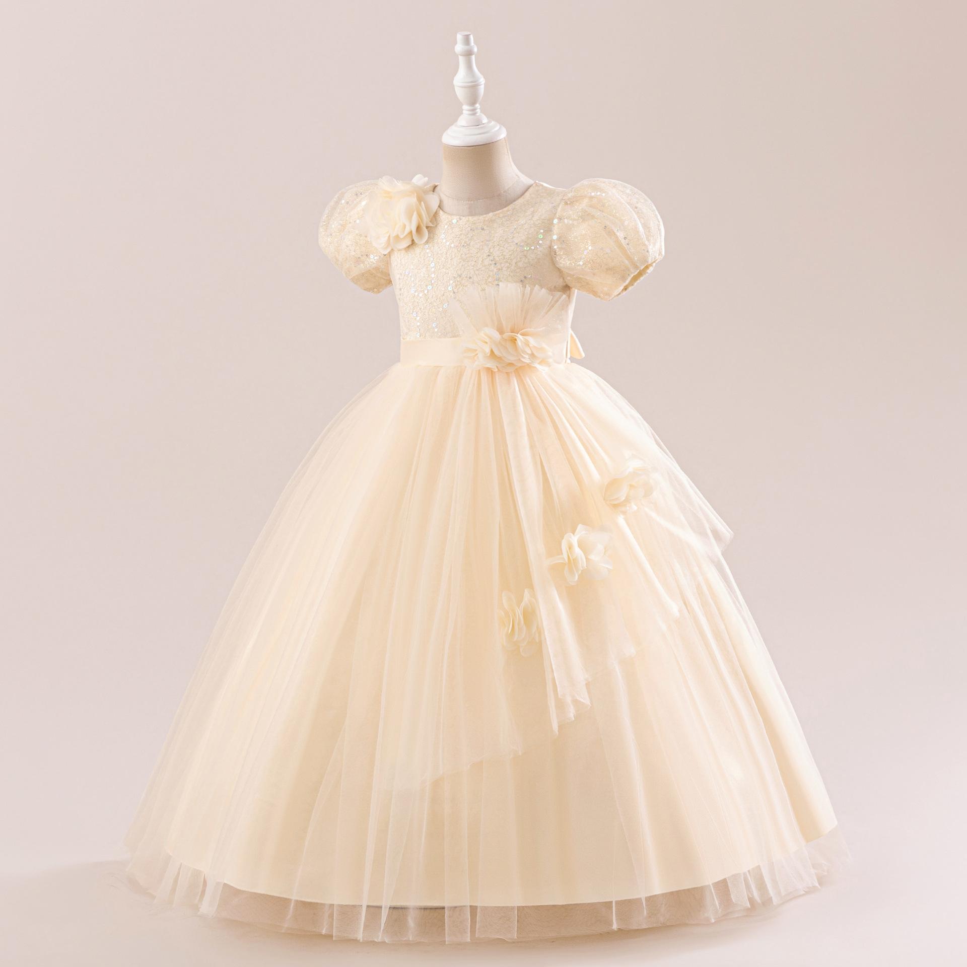 

Girls Long Dress Piano Performance Clothes Mesh Children s Dress 130 бежевый