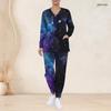 Women Plus Size V Neck Long Sleeve Scrub Set Purple Pink Cosmic Swirl Galaxy Print Nurse Uniform Set