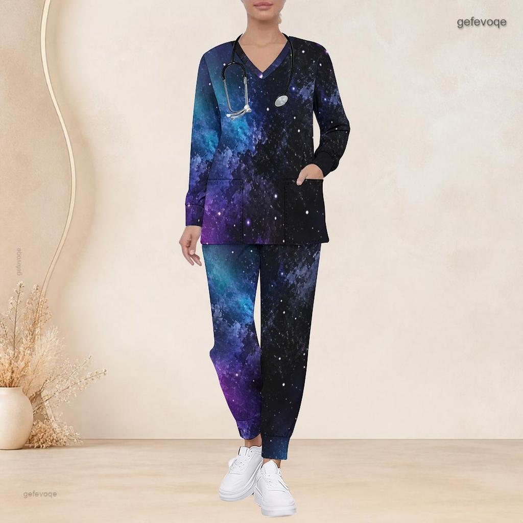 Women Plus Size V Neck Long Sleeve Scrub Set Purple Pink Cosmic Swirl Galaxy Print Nurse Uniform Set