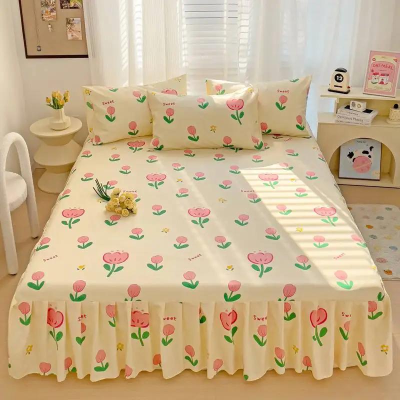 All Season Universal Ruffle Edge Single Bed Cover Printed Cotton Bed Skirt Three Piece Set Soft Comfortable Bedding Bedspread