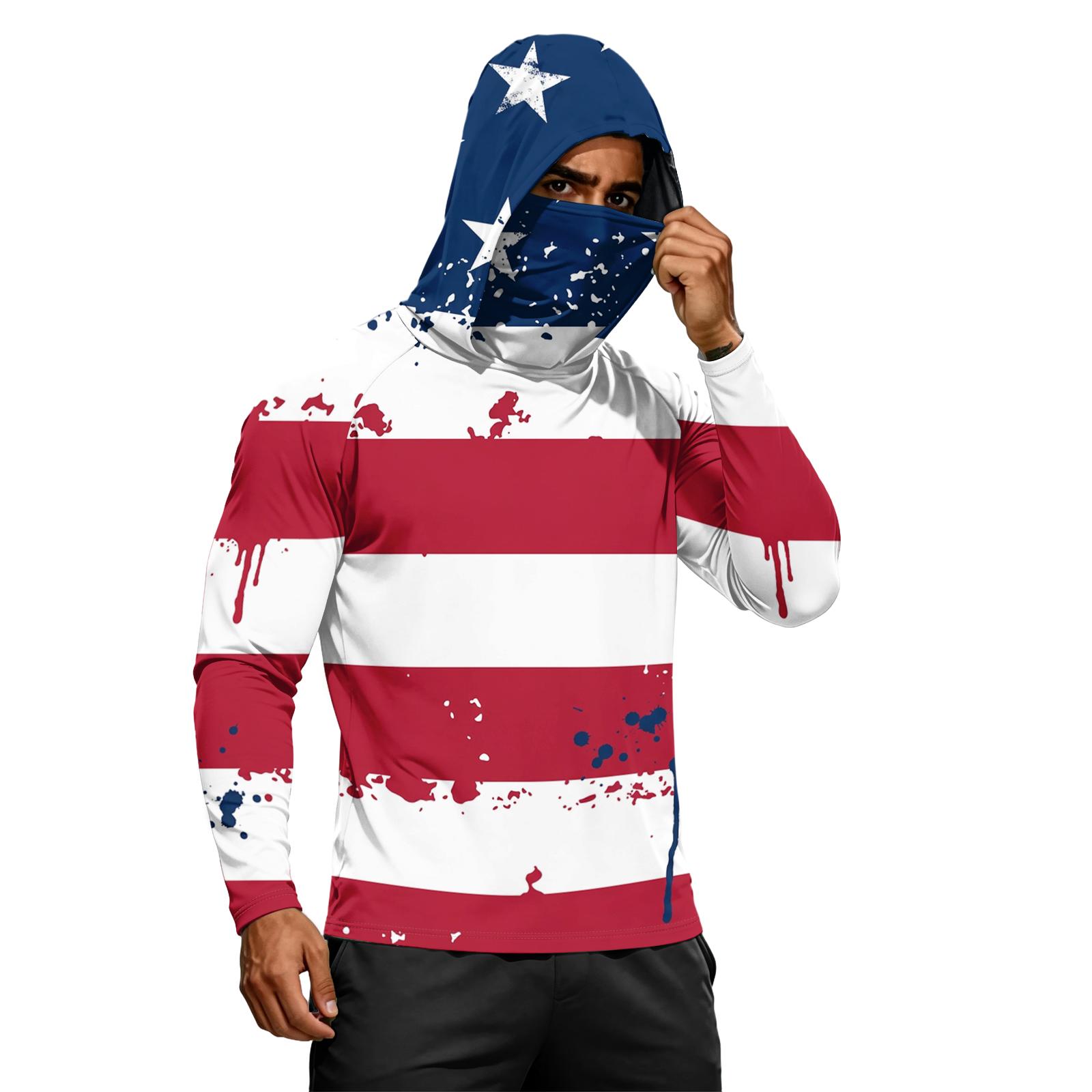 Men s Long Sleeve Hooded Sweatshirt with Abstract Flag Print Lightweight Pullover Casual Loose Fit Top for Everyday Wear S