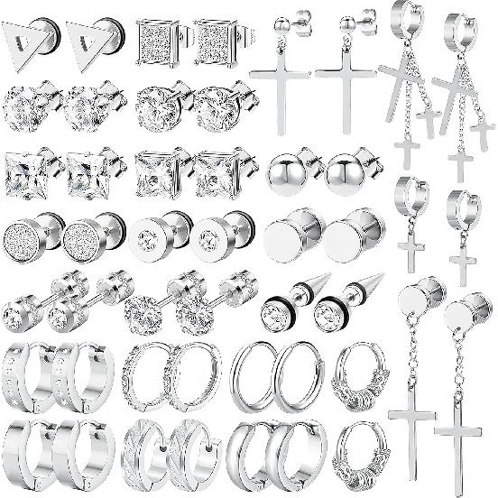 NEWITIN 24 Pairs Stainless Steel Earrings for Men Hypoallergenic Inlaid Cubic Zirconia Studs Hoop Earring Cross Dangle Earrings Unisex Punk Stud