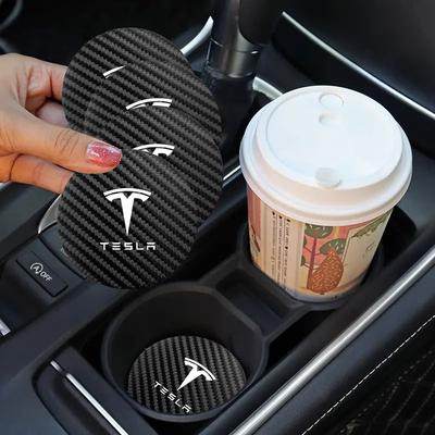2Pcs Car Anti-noise Coaster Water Cup Holder Carbon Fiber Pad For Model-3 Model-S Model-X Model-Y Cybertruck Roadster