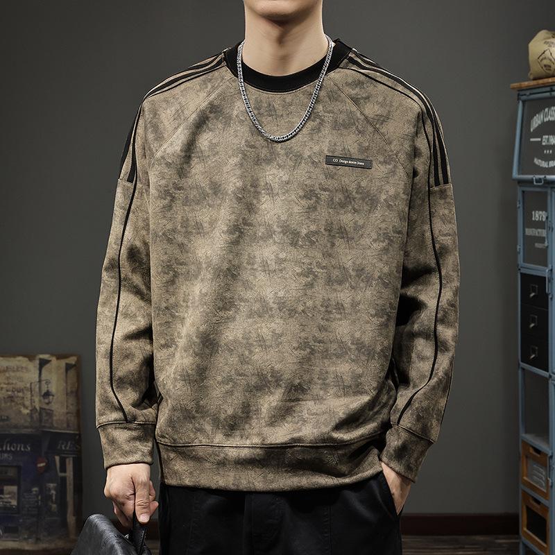Herren Herbst Wildleder Plüsch Gestreifter Hoodie - Schwergewicht, Sportlich, Lässig Rundhals Pullover