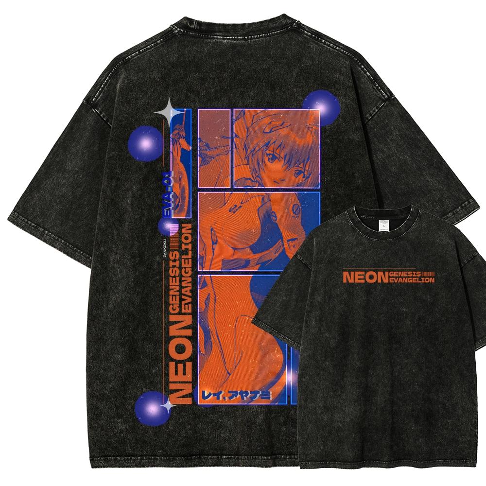 Neon Genesis Evangelion Anime Lover Washed T-shirt Year Round Clothing High Quality Personality Clothes Plus Size Unisex New Model Couples Tee