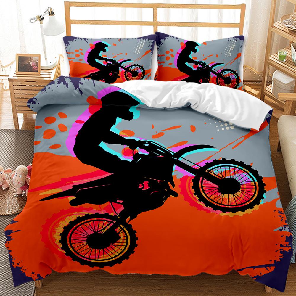 Motocross Rider Bedding Set Extreme Sports Themed Duvet Cover For Teens Motorcycle Pattern Comforter Cover Dirt Bike Duvet Cover
