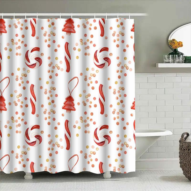 Christmas Shower Curtain Bathroom Decor Red White Candy Cane Floral Pattern Waterproof Polyester Fabric Home Accessories Bl