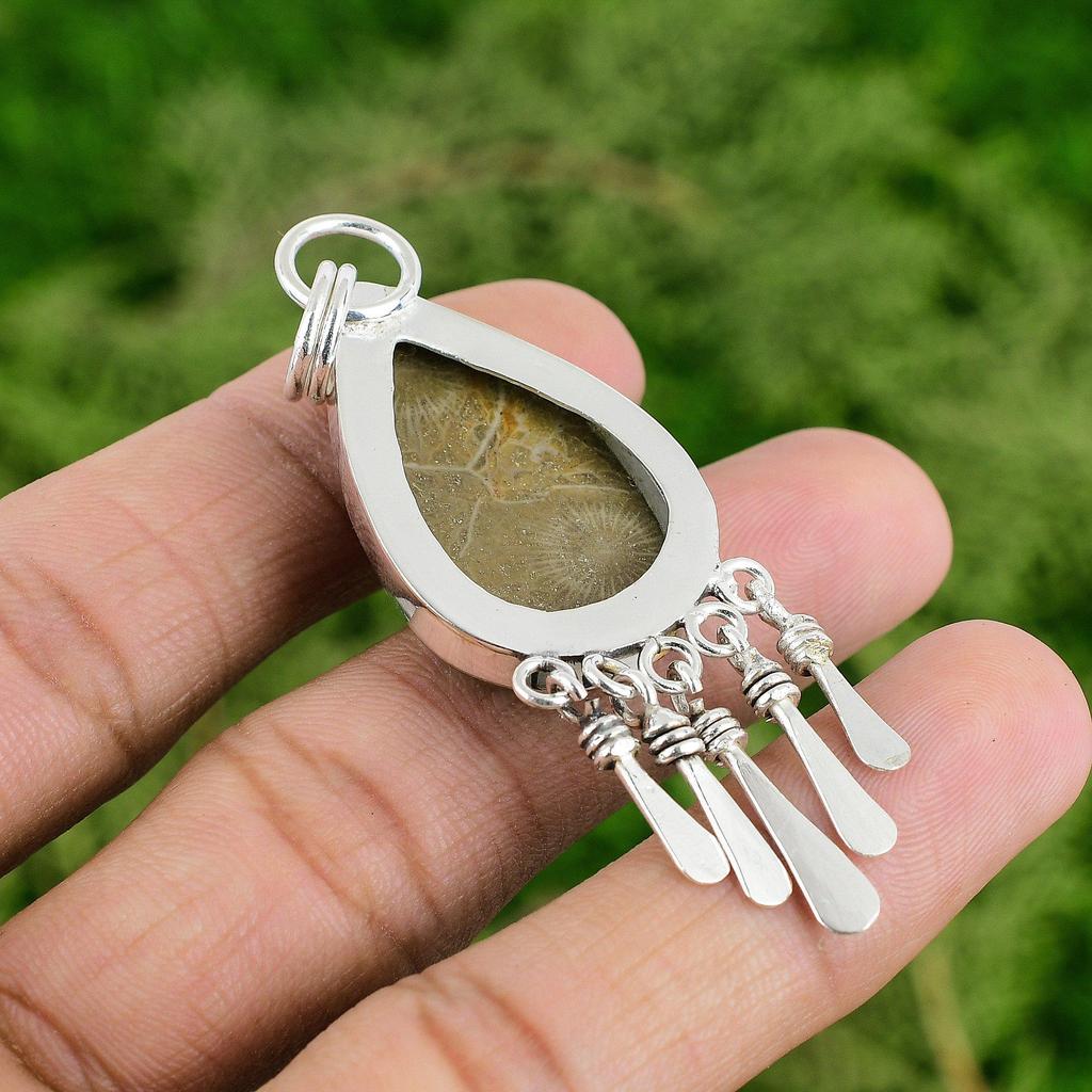 Daughters Day Deal Sterling Silver Fossil Coral Gemstone Trendy Pendant Jewelry