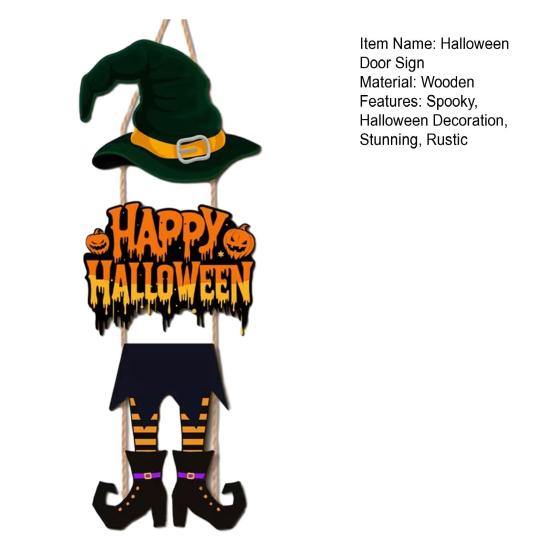 Happy Halloween Welcome Sign Witch Legs Hat Hanging Wooden Wall Decor Rustic Front Door Hanger for Porch Wall Indoor Outdoor Decor
