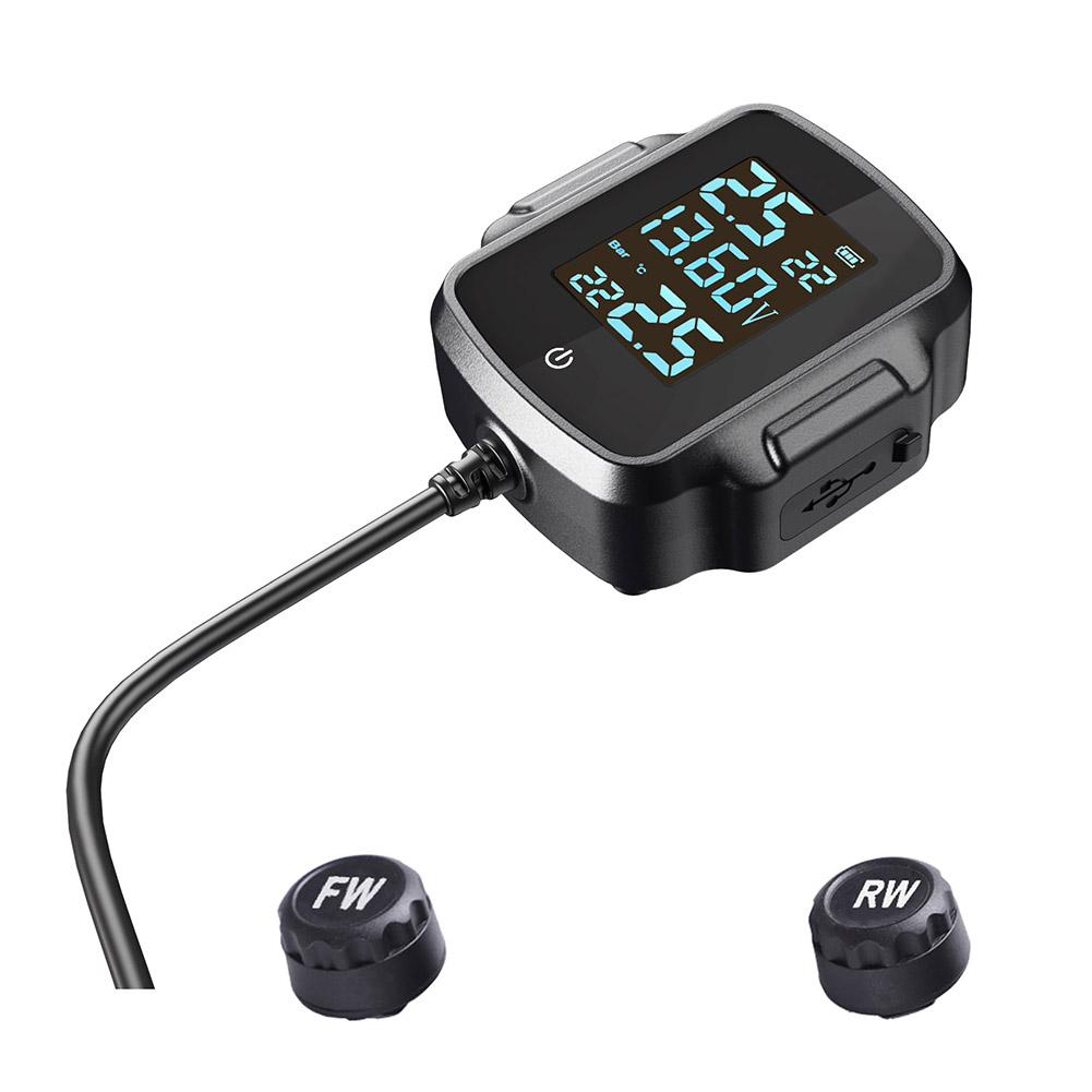 Motorcycle TPMS with QC 3.0 USB Output Motorbike Tire Pressure Monitoring System LCD Display Temperature Monitoring Alarm System