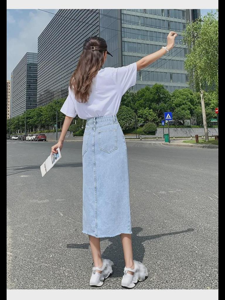 Black High Waist A-Line Denim Skirt with Side Slit - Trendy Summer Fashion for Women