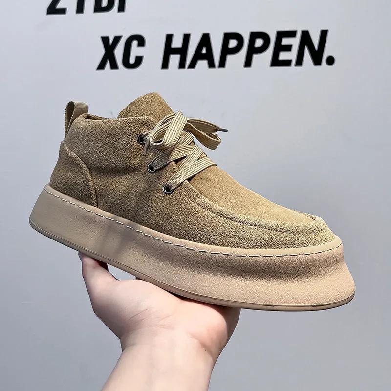 Men's Ankle Boots Suede Cowhide High Top Shoes Men Lace Up Tooling Boots Hand Sewn Thread Casual Shoes Winter Warmth Men's Boots