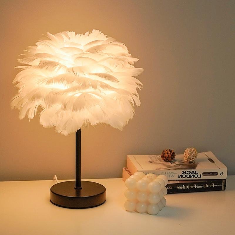 Ins Romantic Feather Table Lamp, Dimmable Bedside Night Light for Bedroom Decor