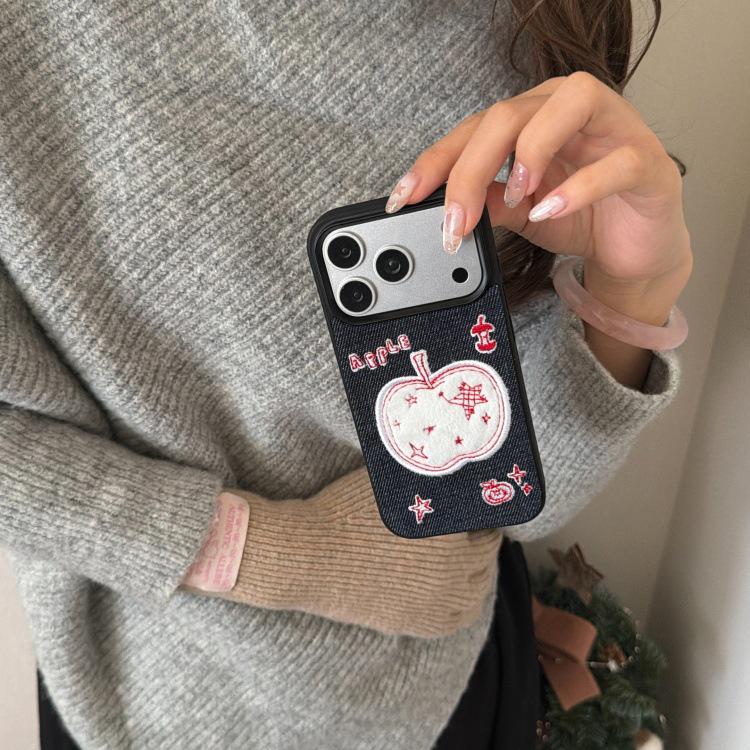 Embroidered Christmas Tree & Snowman Denim Phone Case for iPhone 16/17 Pro Max