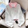 Girls' Autumn Sweatshirt with Bow Collar and Embroidery - Fashionable Academy Style Color Block Top