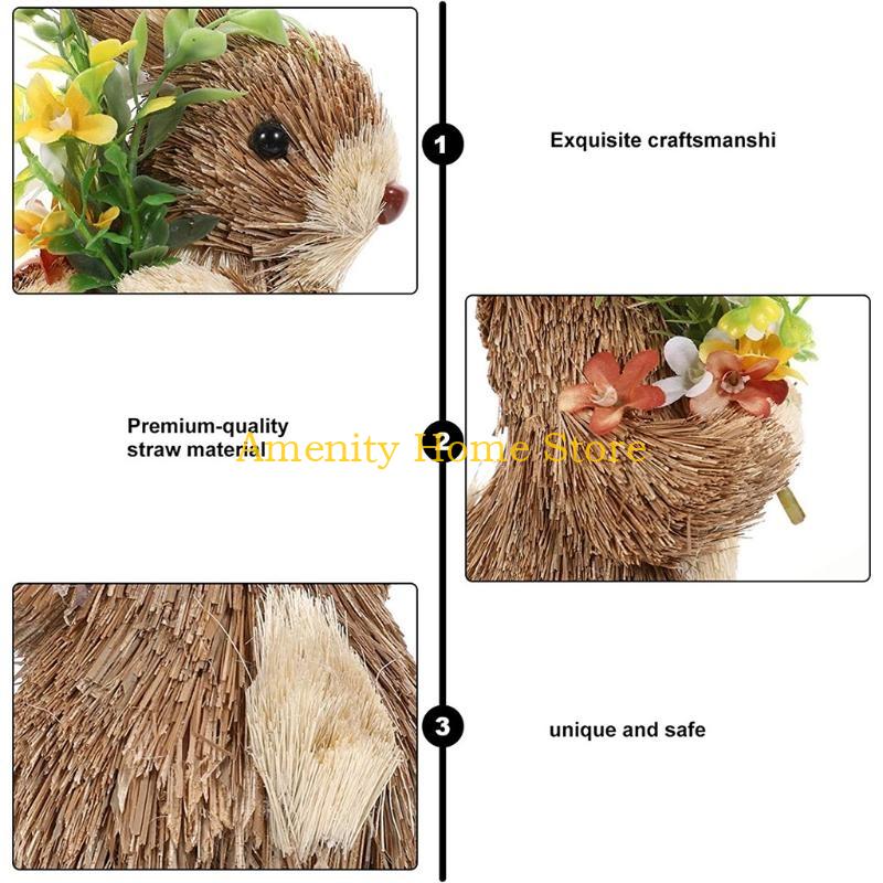 F26C Natural Straw Rabbit Figurine Easter Decors Sculpture for Safe Nontoxic Home Decors Table Desk Placement