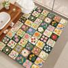 Bath Mat Oil Painting Floral Mosaic Grid Vintage Colorful Flower Non‑Slip Absorbent Rug Bathroom Shower Decor