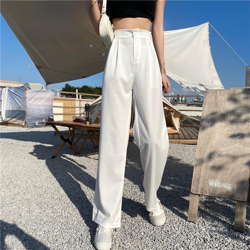 Damen High-Waist Weiße Sommerhose mit weitem Bein - Schlankmachend, Drapierend, Gerade und Locker.