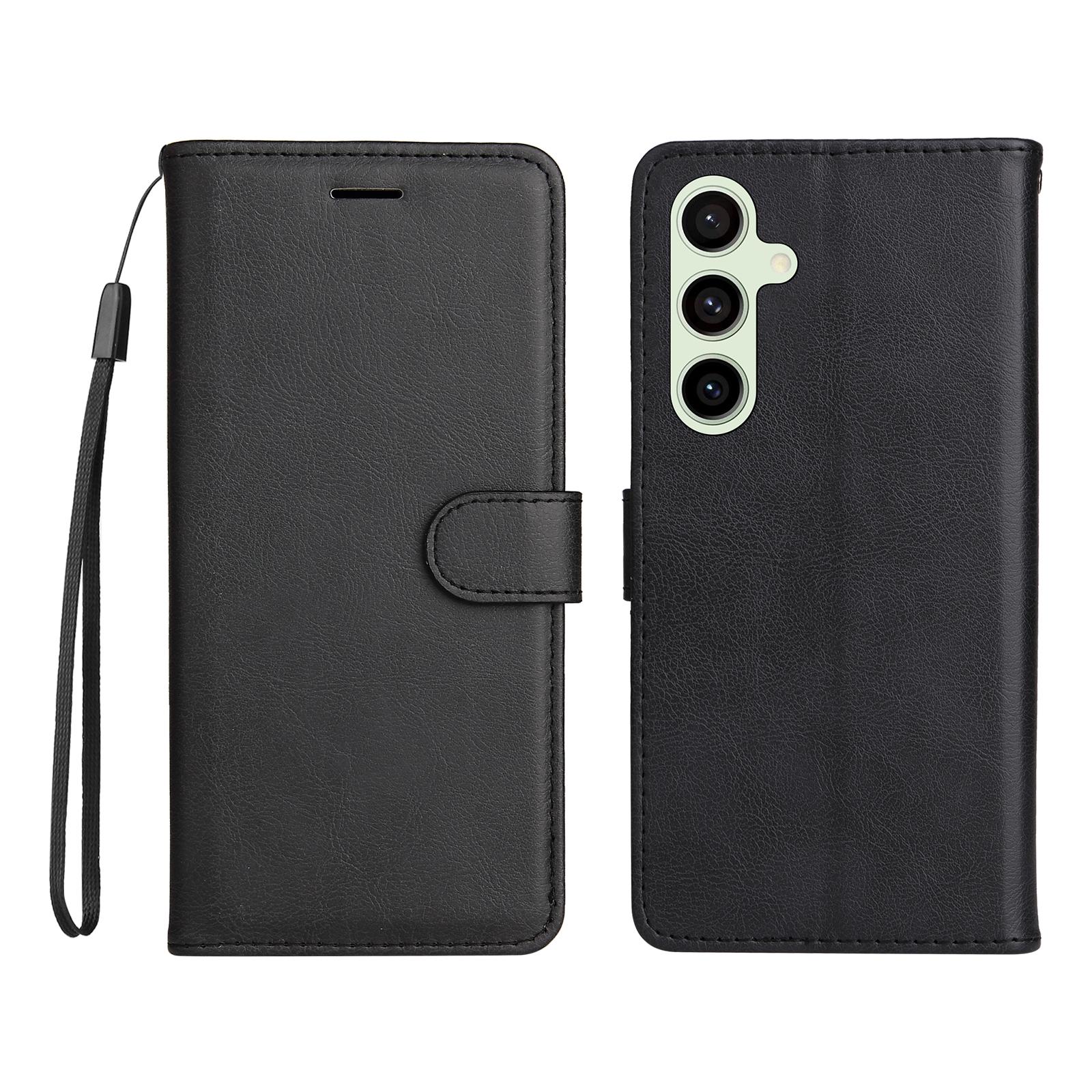 

For Samsung Galaxy S24 FE Case Solid Color Leather Mobile Cover Wallet Stand with Strap Black