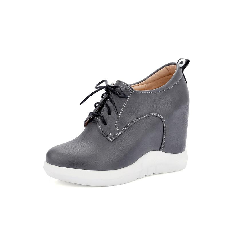 Women's Slope Heel Single Shoes Spring and Autumn Inner Height Increase Casual Lace-up Low-top Shoes